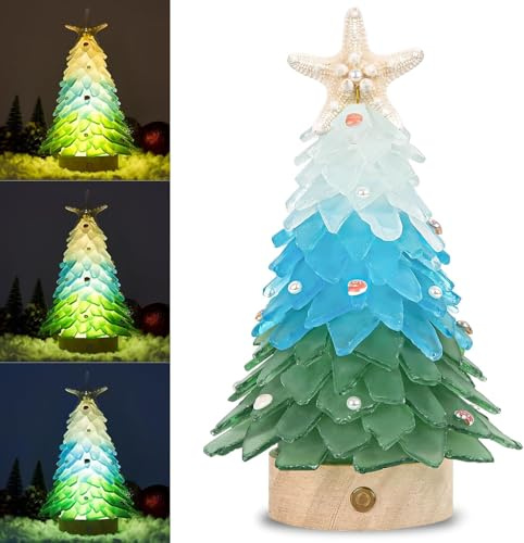 Seeglas Weihnachtsbaum Handgefertigter Mini-Weihnachtsbaum mit 3-Farbigen LED-Lichtern in Grünem Farbverlauf für Tischdekoration Weihnachtsdekoration Silvester und Küstendeko