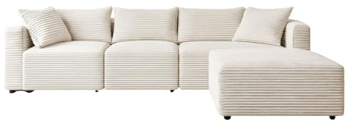 SOFASELECTIONUK LTD Jumbo Cord Modular 4 Seater Sofa – L-Shaped Design That Converts Into a Bed, with Deep Seats, Wooden Frame & Removable Covers (Cream)