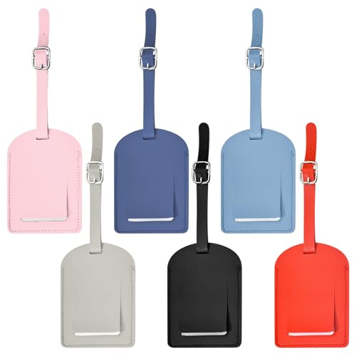 HONRIGO Leather Luggage Tags - 6 Pack Waterproof Baggage Labels with ID Card & Adjustable Strap for Travel Suitcase, Bags & Backpacks, Multi-Color