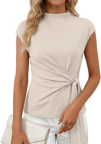 Zelroxa Womens Cap Sleeve Top Wrap Tie Front Mock High Neck Elegant Blouse Blusas Business Dressy Casual Shirt Evening Sleeveless Formal Basic Tank Tops Office Work Outfits Beige