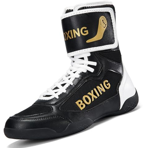 MINGSIBO Boxskor för män, ventilerande boxningsstövlar, lätta brottningsskor med kardborreband för boxning, brottning och kickboxning, svart, 40 EU