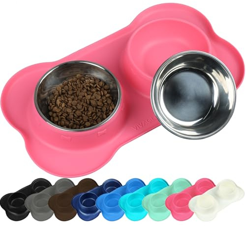 VIVAGLORY - Ciotola per cani in acciaio inox per acqua e cibo con tappetino antiscivolo e anti-rovesciamento in silicone, per animali domestici, cuccioli, cani di piccola e media taglia