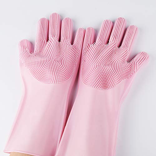 ZMA Washing Gloves for Kitchen | Silicone Cleaning Brush Dish Washing Sponge Great for Washing Dish, Car, Bathroom, Pet Care - Reusable Dishwashing Gloves with Scrubber for Hand Protection (Pink)