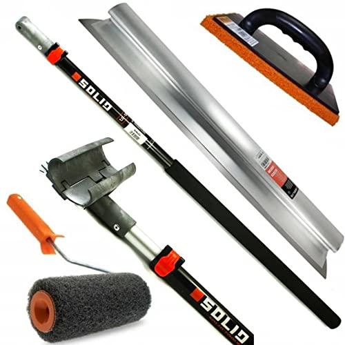 SOLID PROFI SET - Flächenspachtel edelstahl mit aluminium teleskopstange und stielaufnahme für spachtel - Reibebrett Kunststoff mit Schwammgummi und Rollspachtel - MADE IN EU (100cm)
