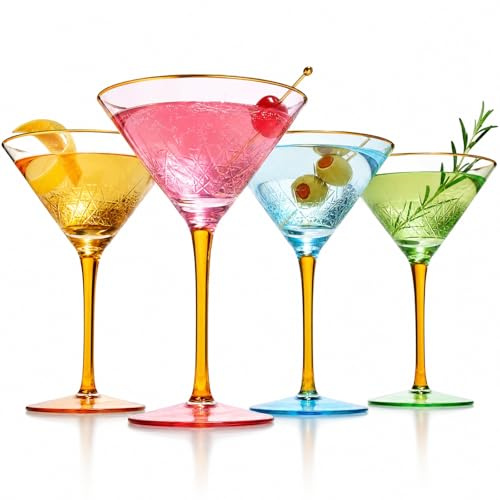 The Wine Savant Crystal Martini Glasses Colored - Set of 4 - Stemmed Multi-Color Glass, Great for all Drink Types and Occasions - Luxury, Durable, Vintage Art Deco Coupe for Champagne, Martini