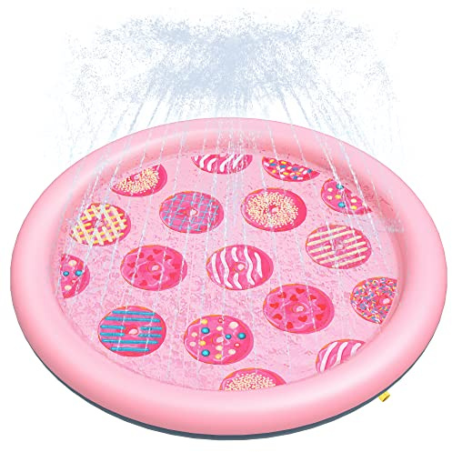 Peteast Anti-Slip Pink Donut Print Splash Pad for Kids and Dogs - 67in 0.58 mm Thicken Sprinkler Dog Pool for Summer Outdoor Water Toys - Fun Backyard Play Mat for Pets