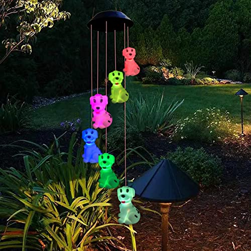 Solar Hund Windspiele Draußen Dekor Lamp, Farbveränderung Wasserdicht LED Hängelampen Windspiel, Tier Lichterkette für Patio Garden Yard Home Decoration (Fleckiger Hund)