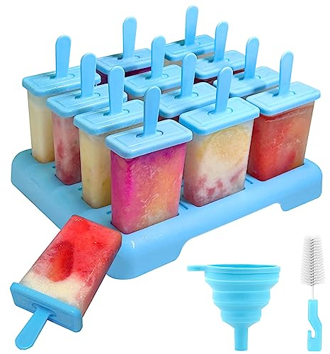 Alinana 12 Cavidades Moldes para Helados con Palo, Reutilizable Moldes para Helados de Grado Alimenticio sin BPA, DIY Molde Helado con Cepillo de Limpieza y un Embudo
