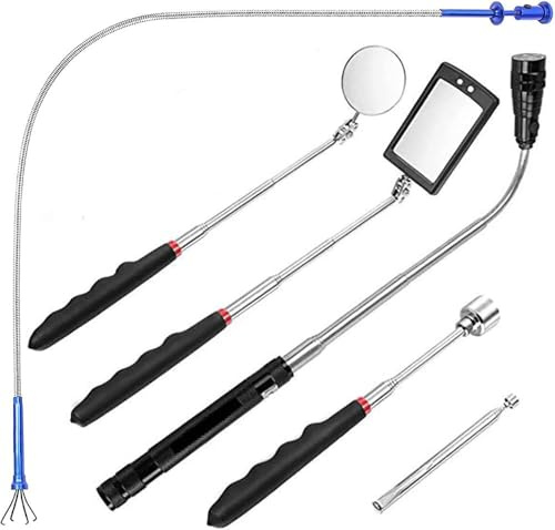 6 Pezzi Strumento Magnetico per Pickup, 1.5/4/20lb Strumento di Prelievo Magnetico e Specchio di Ispezione Quadrato/Circolare, con LED Illuminato e Maniglia Telescopica Rotante a 360°