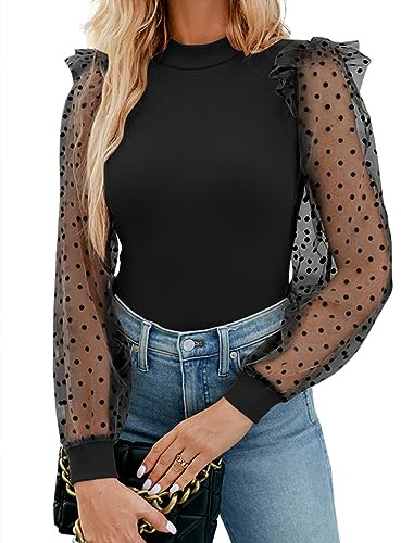 WAYMAKER Womens Dotted Mesh Long Sleeve Mock Turtle Neck Bodysuit Tops Blouse Elegant Ribbed Body Suit Black Medium