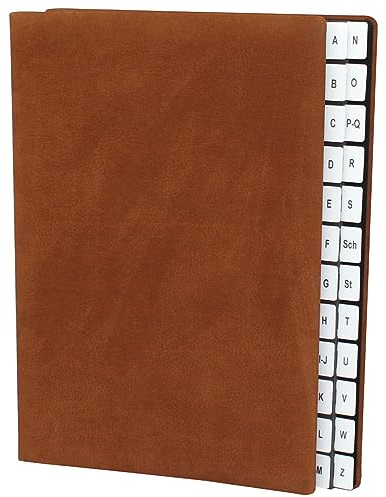 Pultordner aus Nubukleder mit Register A-Z, passend für DIN A4, Softcover mit dehnbarem Rücken, Register-Trennblätter aus schwarzer Kartonage mit Sichtlöchern