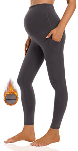 Foucome Leggings pour femmes enceintes avec doublure en polaire et poches, pour le ventre, pantalon de maternité thermique pour l’hiver et le sport, gris, L