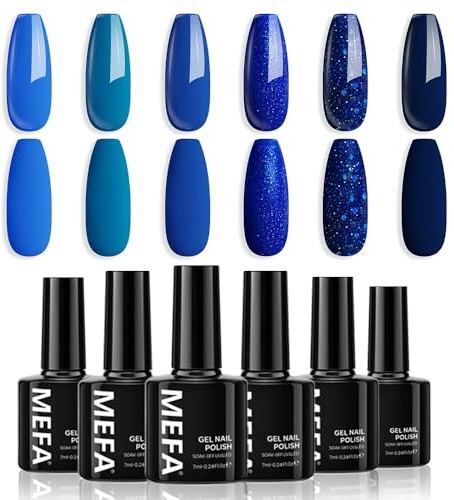 MEFA UV Nagellack, 6 Farben Blau Glitzer Farben 7 ML Soak Off UV LED Gel Nagellack Schellack Set für Gelnägel Nail Art Kit Maniküre Nageldesign Nägel Selber Machen