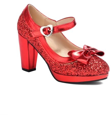 Elyffany Zapatos de tacón alto Mary Jane de moda para mujer, con lentejuelas brillantes, con lazo, Rojo -, 42 EU