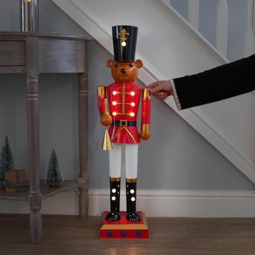 Festive Lights - 80cm Battery Powered Traditional Style Red & White InLit LED Hand-Painted Metal Teddy Nutcracker Christmas Figure