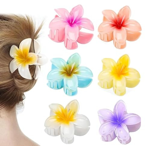 6 pinzas para el pelo de flores, pinzas para el pelo de flor de plumeria, pinzas antideslizantes de agarre fuerte hawaiano para cabello de grosor medio para mujeres y niñas, accesorio para el cabello