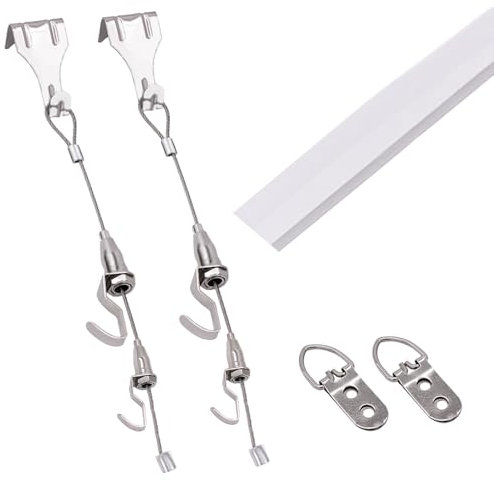 bilderschienen aufhängesystem Wandmontage-Bilderschienenhaken und Drahtstahl, verschiebbare Foto-Hängeschnur für Wohnzimmer/Schlafzimmer/Esszimmer, robuste Galerieschiene(34/86.4cm track,4.9'/1.5m wi