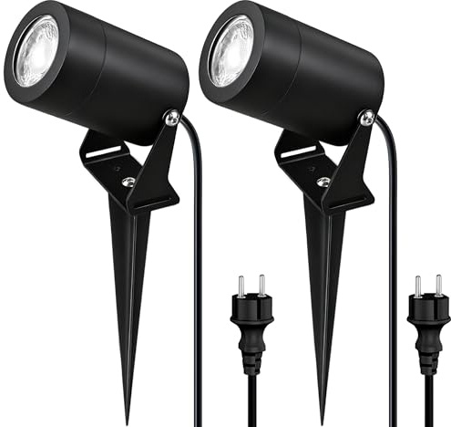 JNR Edelstahl LED Gartenbeleuchtung mit Strom und Erdspieß, Schwarz 2 Pack | IP65 Wasserdicht Gartenlampen für Draußen Strom mit 2M Kabel mit Stecker, Gartenleuchten 5W GU10 3000K Warmweiß Glühbirne