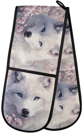 Quteprint Maniques de cuisine doubles lavables en forme de loup blanc et cerisier - Résistants à la chaleur - Extra longs - 17,8 x 88,9 cm - Pour cuisine, pâtisserie, micro-ondes, barbecue