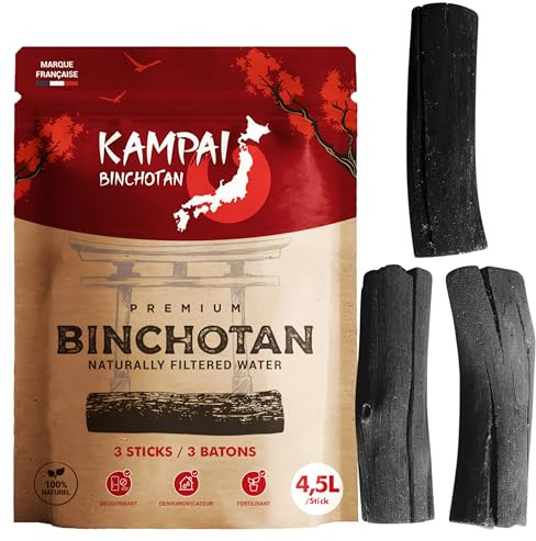 KAMPAI Charbon Actif Eau | Filtre jusqu'à 4.5L / Bâton | Binchotan Naturel | Purificateur Vegetal Bio Carafe filtrante - 6 Mois de Purification Eau du Robinet Bouteille Verre Gourde (3 Bâtons x 4.5L)