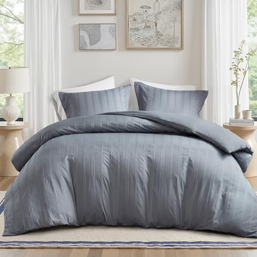 Madison Park Essentials Striped Duvet Cover Set King, Modern Minimalist Bedding Set with Premium Jacquard Stripe, 3 Pieces Duvet Cover Reversible with Zipper Closure & Corner Ties,Blue/Grey