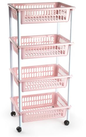 DRW Verdulero Carrello Cucina 4 cesti PVC Rosa Bastone 40x30x85 cm