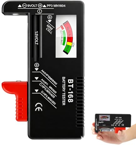 Universeller Batterietester mit analoger Anzeige –zur Überprüfung des Ladezustands – Kompatibel mit AA, AAA, C, D, 9V Batterien & 1,5V Knopfzellen – Kein externes Netzteil erforderlich, tragbar
