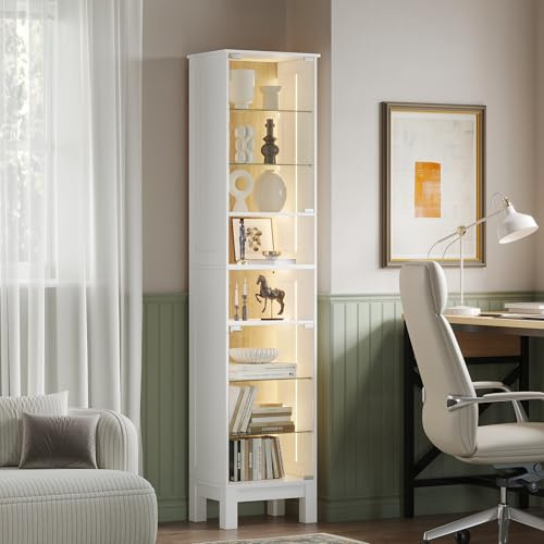 ZKIODV 180cm Vitrina de Cristal LED, Estrecha Armario Vitrina con 8 Estantes, Puerta de Vidrio Templado, Balda Ajustable y Desmontable, Moderna Vitrina para Salón Baño (Blanco)
