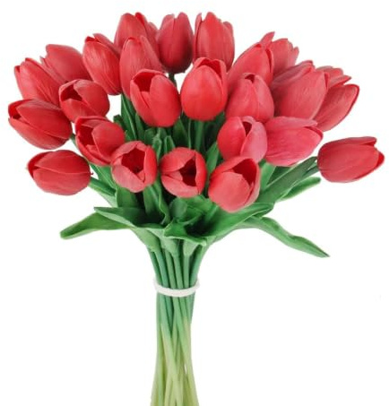 xitoio 30-pack konstgjorda tulpanstammar, äkta beröring, latex, falska tulpaner, blommor med böjbara PU-stjälkar, fuskblommig dekor för påsk, våren, bröllopsbukett, bordsuppsats, hem, bord (röd)
