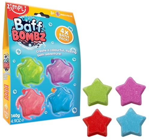 ZIMPLI - 4 x Star Bombe da Bagno, Set Regalo di Bagnoschiuma Naturale Artigianale per Bambini, Regali di Compleanno per Bambini e Bambine, Gioco da Bagno, Kit per la Creazione di Bombe da Bagno