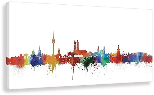 Kunstbruder Wandbild München Skyline Stadt WEISS by DiChyk (div. Größen) - Kunst Druck auf Leinwand - Bild fertig auf Keilrahmen ! Graffiti Banksy Bilder (80x160 cm)