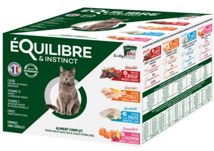 EQUILIBRE & INSTINCT - Chat Stérilisé - Sachet Nourriture Humide Multi Saveur - Énergie, Digestion, Hydratation, Défense - Recette Complète formulée avec des vétérinaires - 48x85g - Fabriqué en France
