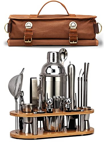 DUEBEL Kit da Barman | Set Professionale di 24 Pezzi per Mixology | con Borsa da Viaggio per Barman e Elegante Supporto in Bambù | Perfetto per Un'esperienza di Miscelazione di Bevande Eccezionale.