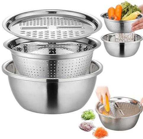 Teeltiao Piatto multifunzione in acciaio inox, ciotola di miscelazione Set con setacci, grattugiare e contenitore, centrifuga per insalata, strumento per il taglio di verdure e lavaggio della frutta