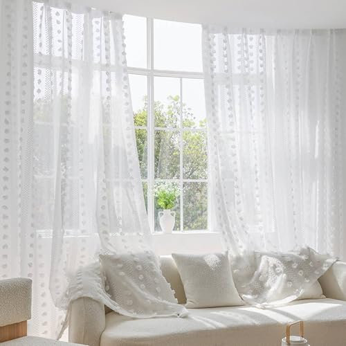Vorhänge Vorhang Weiß Voile 2er Pack Einfach mit Blume H244 x B102 cm (2er Pack) Garne Küchenvorhänge