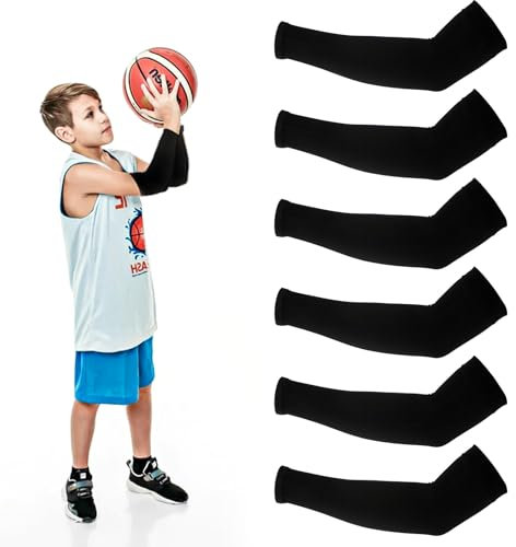 Abeillo 3 pares de mangas de compresión para niños, protección solar UV, mangas de compresión para deportes al aire libre, transpirables, elásticas, para niños y niñas (7-12 años), color negro,