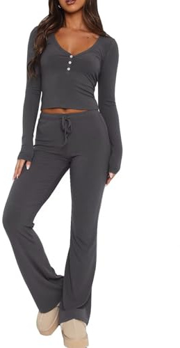 Set di pigiami da donna LACOZY 2 pezzi Set da allenamento sexy a maniche lunghe Set da lounge casual con scollo a V Set da allenamento per palestra e yoga, Grigio, S