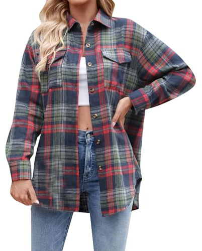 Camisa de mujer a cuadros de manga larga leñador con bolsillos, camisa de algodón a cuadros para mujer, para tiempo libre, blusas y túnicas para mujer, con botones, camisa de franela, marine, L