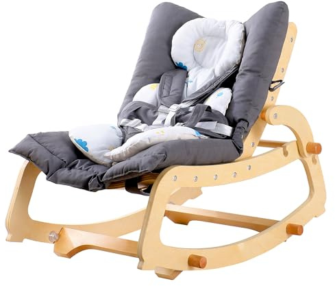 MALLBEST 3-in-1 Babywippe mit Doppelpolsterung, Verstellbarer Holz-Rocker-Stuhl für Säuglinge bis Kleinkinder (Grau)
