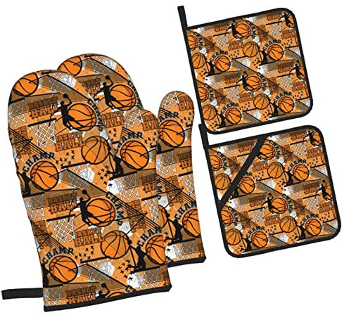 4 Pezzi Guanti Da Forno E Set Di Presine Basketball Ball Sport Modern Guanti Per Forno Da Cucina Divertenti Resistente Al Calore Guanti Da Cucina Per Microonde, Cucinare, Cucina