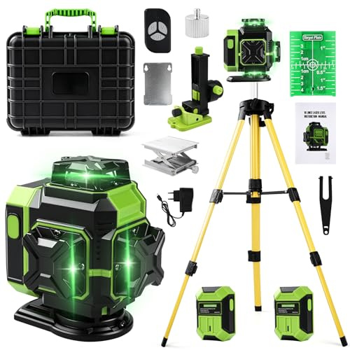 Uadme Grün Kreuzlinienlaser Selbstnivellierend mit Stativ 1m & 2x3,6Ah Akku | 16 Linien 4D, 4x360 Grad, Genauigkeit ± 1mm/5m, IP54 Wasserdicht, Laser Wasserwaage für Innenausbau Baustelle(Grün)
