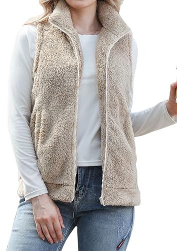Rave on Friday Weste Damen Herbst Winter Warme Teddywesten Leichte Ärmellos Stehkragen Teddyfell Weste Freizeit Damenweste mit Reißverschluss Aprikose M