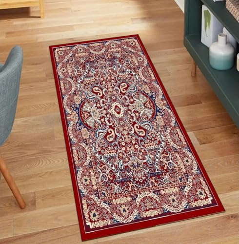 QQrunner Alfombra roja para pasillo, larga, vintage, 70 x 150 cm, alfombra de cocina, antideslizante, lavable, por metros, pasillo, poliéster, salón, alfombra atrapa la suciedad