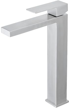 Heable Tall Bathroom Basin Mixer Taps Brushed Nickel Mono Basin Tap Square Cloakroom Faucet with High Spout Modern Single Lever Washroom Faucet High Rise Bathroom Sink Taps with G1/2 Hoses