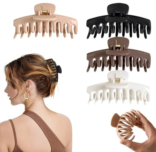 IZIHQA 4 Piezas Pasador Nube, Suave Y Flexible, Pinzas Pelo Mujer Grandes, Pinzas Para El Pelo, Antideslizantes, Claw Clip, Adecuado Para Cabello Grueso O Fino (Negro, Caqui, Blanco, Café, B)