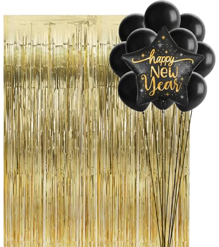 OH YEAH - Kit Decorativo Happy New Year - 13 piezas - Globo Foil 91 cm + 2 Cortina Oro + 10 Globo Látex Negro - Para Fiestas, Eventos, Hogar, Celebraciones Fin de Año y Año Nuevo - DISEÑO ÚNICO