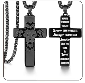 Vesavifaka Collana con Croce in Acciaio Inossidabile, Collana con Pendente Croce per Uomo, Regalo di Forza e Fede per Lui, Collana Maschile con Testa di Leone e Design della Croce, Incisione