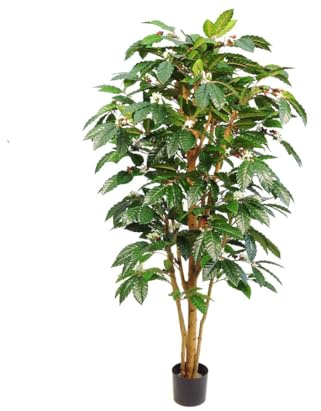 Konst kaffeträd 150 cm högt med frukt och blommor – konstgjord kaffeväxt med naturliga stammar i kruka