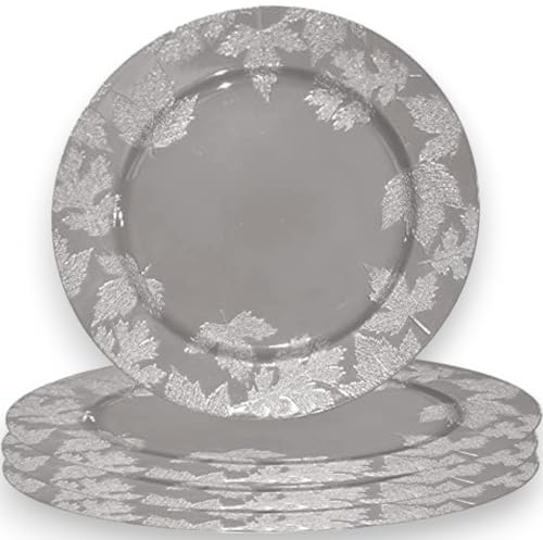 Generico 6x Sottopiatti Bordo Foglie Pungitopo Colore Argento Tondo 33 cm Natale cenone sotto Piatto Natalizio Capodanno Natale Cena Aperitivo