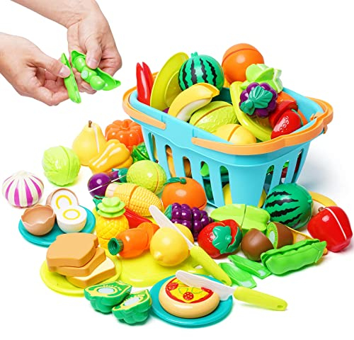 Kinderküche Zubehör Spielzeug 75PCS, Obst und Gemüse zum Schneiden, Spielküche Zubehör Lebensmittel, Lebensmittel Kinderküche für Mädchen Junge ab 3 Jahre